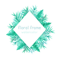Frame with watercolor tropical leaves and branches.