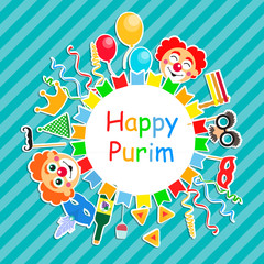 Happy Purim Jewish Holiday greeting card. traditional carnival symbols design elements, icons. Vector illustration.