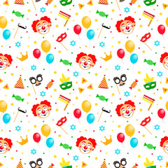 Happy Purim Jewish festival endless background, texture, wallpaper. Purim Jewish Holiday seamless pattern with carnival elements.