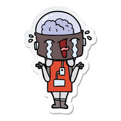sticker of a cartoon crying robot shrugging shoulders in confusion