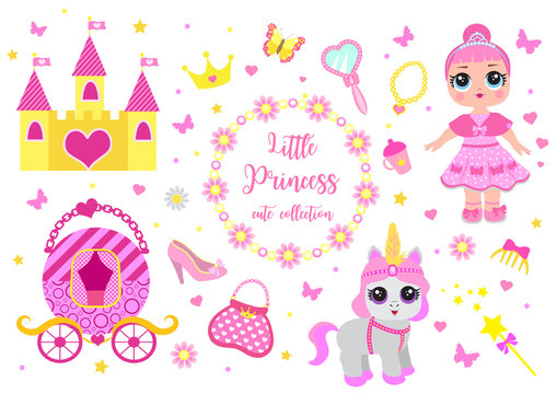 Set of cute little princess, castle, pony, crown carriage and accessories. Fairy Tale Baby girl princess and her pet. Vector illustration.