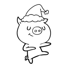 happy line drawing of a pig dancing wearing santa hat