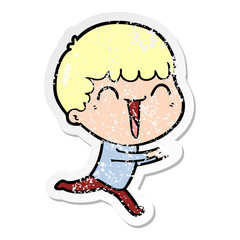 distressed sticker of a cartoon happy man