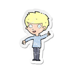 retro distressed sticker of a cartoon boy with idea