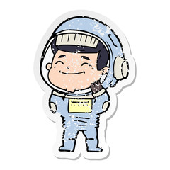 distressed sticker of a happy cartoon astronaut