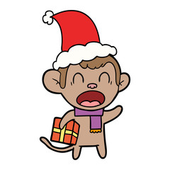 shouting line drawing of a monkey carrying christmas gift wearing santa hat