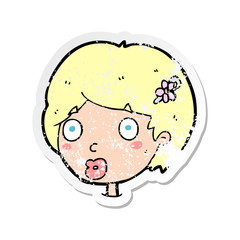 retro distressed sticker of a cartoon surprised female face