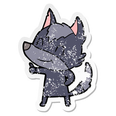 distressed sticker of a friendly cartoon wolf