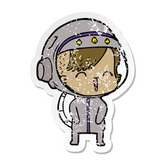 distressed sticker of a happy cartoon space girl