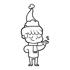 line drawing of a happy boy wearing santa hat