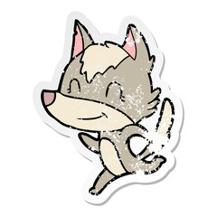 distressed sticker of a friendly cartoon wolf running