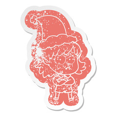 cartoon distressed sticker of a elf girl staring wearing santa hat
