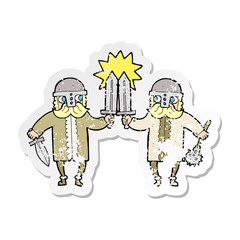 retro distressed sticker of a cartoon viking warriors