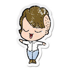 distressed sticker of a happy cartoon girl
