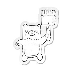 distressed sticker of a cartoon bear with paint brush