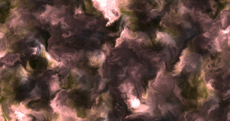 Stormy pink, green, yellow clouds in a nebula in space, slowly moving, forming and dissolving,