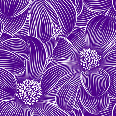 Seamless floral pattern with hand-drawn purple abstract dahlia flowers.