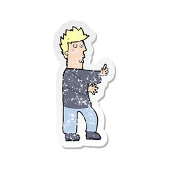 retro distressed sticker of a cartoon nervous man waving