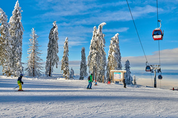 Poiana Brasov, Romania -‎22 ‎gennaio 2019:Red cable car in a ski resort, Skiers and snowboarders enjoy the ski slopes in winter resort whit forest covered in snow,Poiana Brasov,Romania