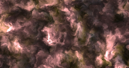 Stormy pink, green, yellow clouds in a nebula in space, slowly moving, forming and dissolving,