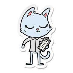 sticker of a calm cartoon cat with clipboard