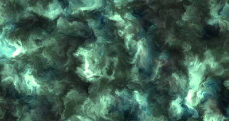 Fototapeta na wymiar Stormy blue and cyan clouds in a nebula in space, slowly moving, forming and dissolving,