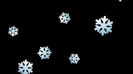 Animation cartoon flat style of light blue and white snowflakes falling from above and disappearing on the bottom, rotating and of different sizes. Alpha channel included
