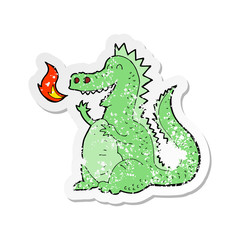 retro distressed sticker of a cartoon fire breathing dragon