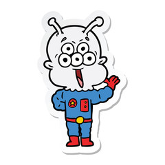 sticker of a happy cartoon alien waving