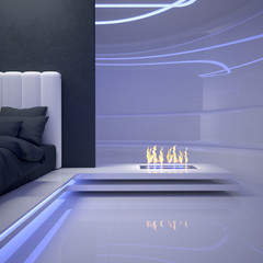 Futuristic interior design. Bedroom of the future. Fireplace. 3D illustration