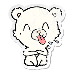distressed sticker of a rude cartoon polar bear sticking out tongue