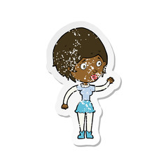 retro distressed sticker of a cartoon woman waving