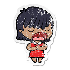 distressed sticker of a cartoon woman talking loudly