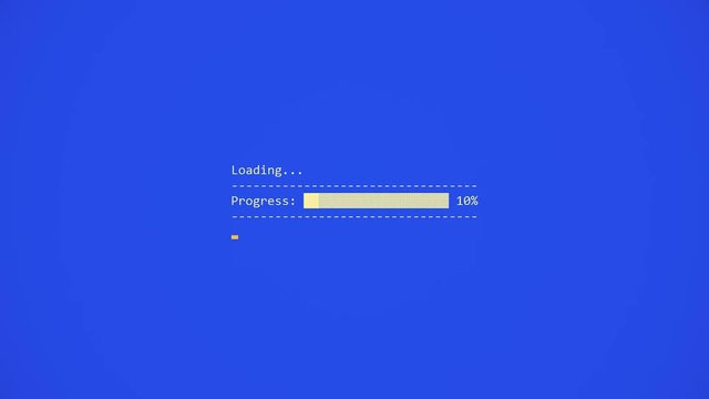 A loading DOS box with a progress bar going from one to a hundred percent. Grey characters on a blue background.