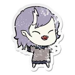 distressed sticker of a cartoon laughing vampire girl