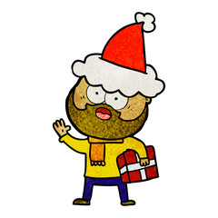 textured cartoon of a bearded man with present wearing santa hat