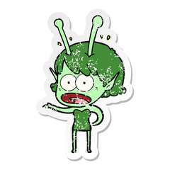 distressed sticker of a cartoon shocked alien girl