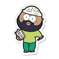 sticker of a cartoon bearded man with clipboard and pen