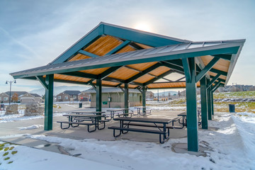 Pavilion in Eagle Mountain surronded with snow