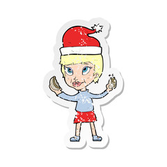 retro distressed sticker of a cartoon woman eating hotdog