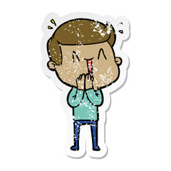 distressed sticker of a cartoon excited man