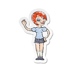 retro distressed sticker of a cartoon waving woman