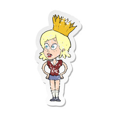 retro distressed sticker of a cartoon person wearing crown