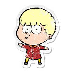 distressed sticker of a cartoon curious boy