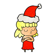 textured cartoon of a indifferent woman wearing santa hat