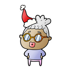 gradient cartoon of a librarian woman wearing spectacles wearing santa hat