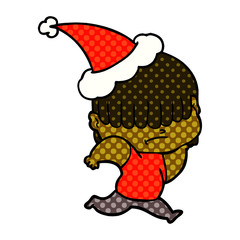 comic book style illustration of a boy with untidy hair wearing santa hat