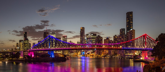 Brisbane Australia February 2nd 2019 : Beautiful Story bridge illuminated in front of the CBD at...