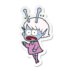 sticker of a cartoon shocked alien girl