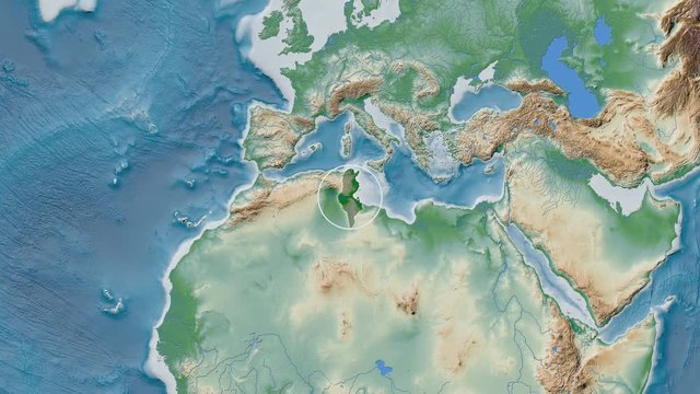 Tunisia area presented against the global physical map in the Kavrayskiy VII projection with animated oblique transformation